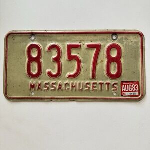Vintage 83 MASS 70s 80s White Red Massachusetts‎ License Plate 83578 Auto Tag